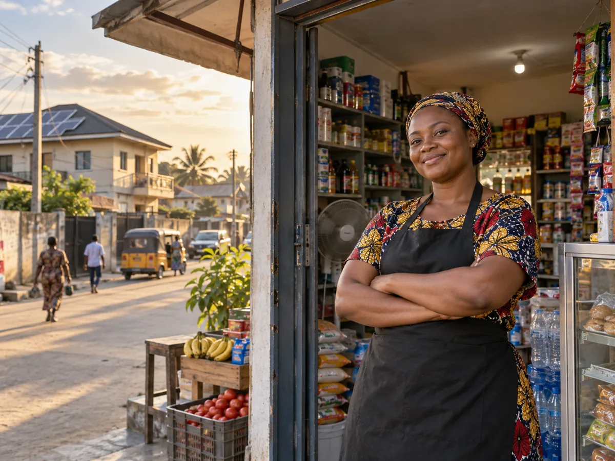 Nigerian shop owner outside her neighbourhood mini-mart