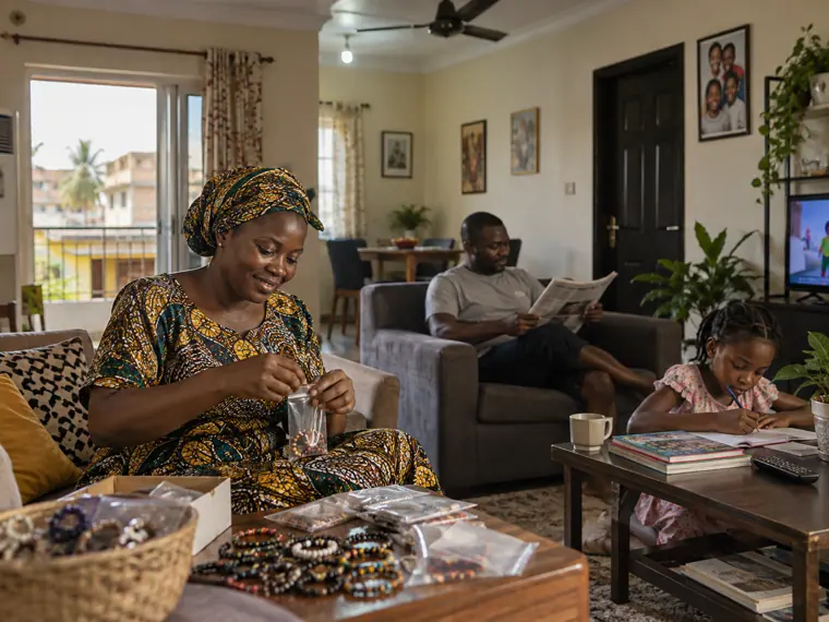 Family at home in a living room
